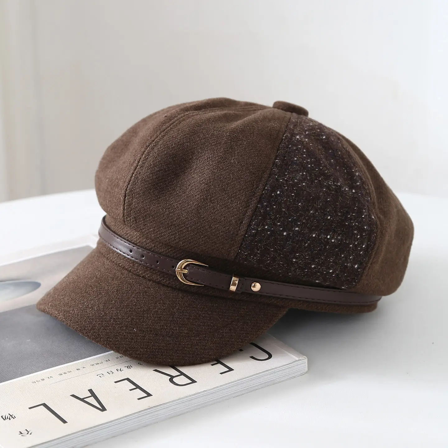 Women British Style Leather Buckle Cap Red Grey