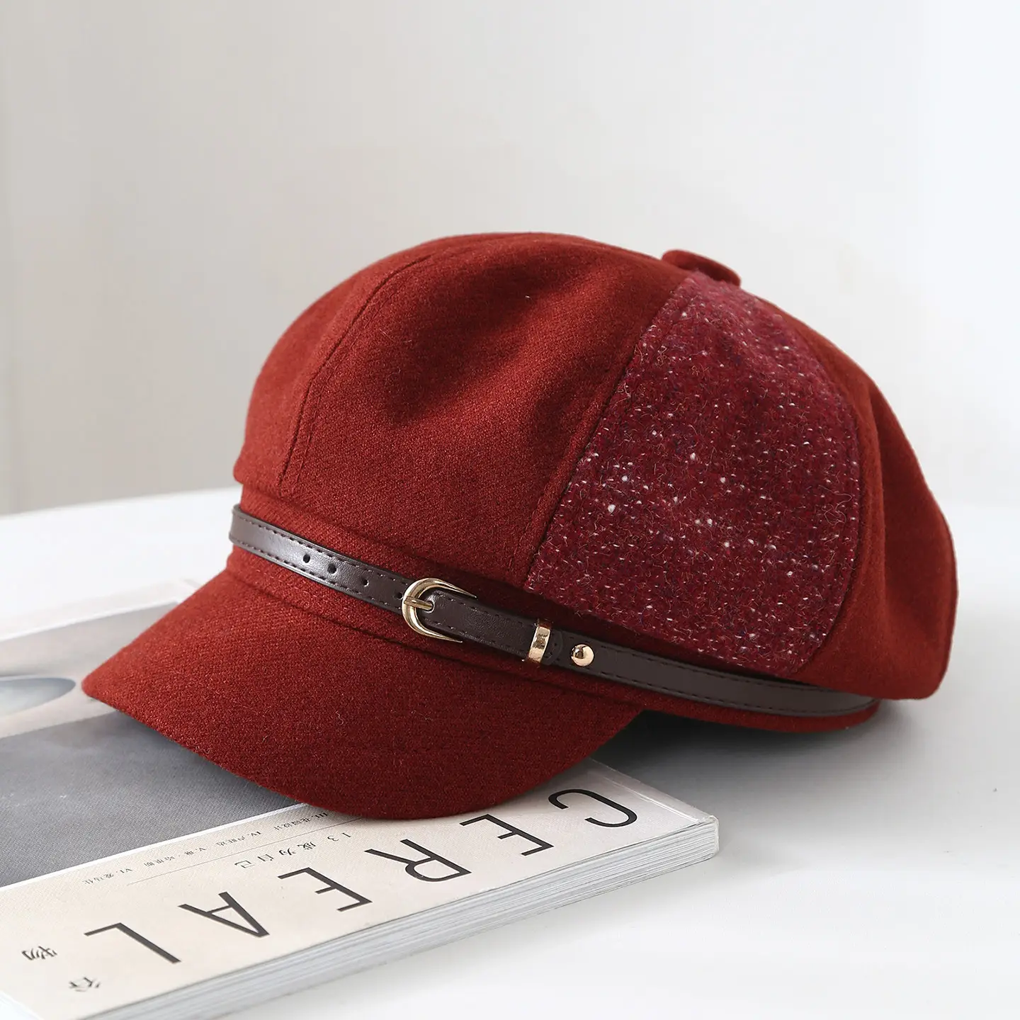 Women British Style Leather Buckle Cap Red Grey