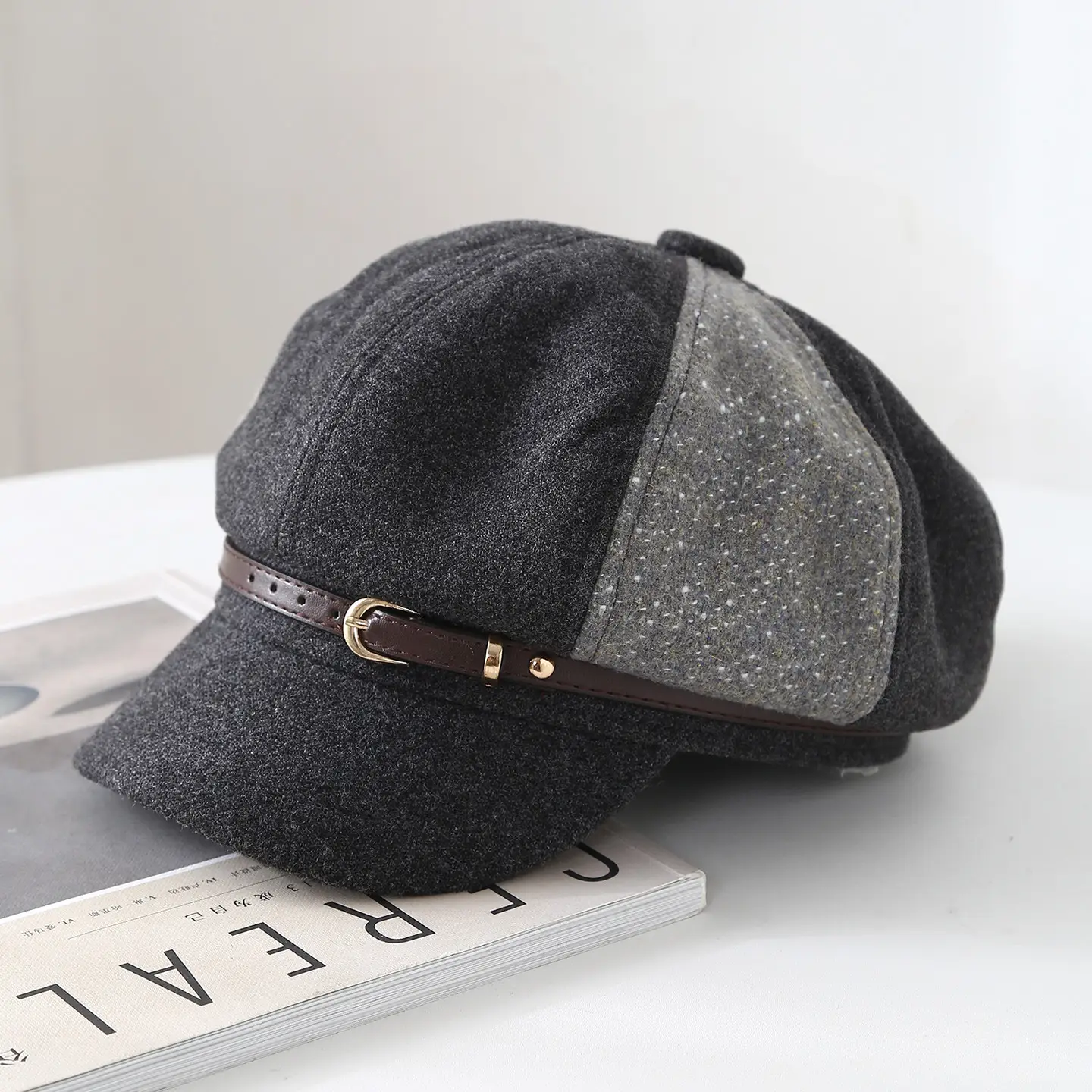 Women British Style Leather Buckle Cap Red Grey