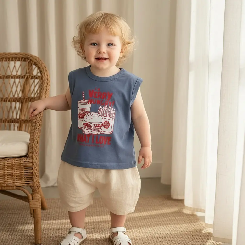 Kids Sleeveless Printed T-Shirt Vest Set Blue Beige - Image 5