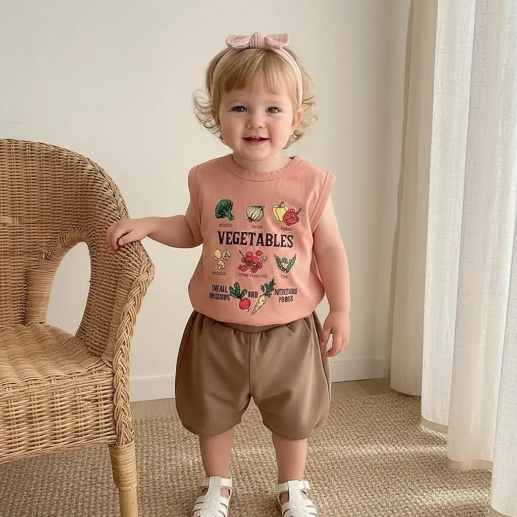 Kids Sleeveless Printed T-Shirt Vest Set Blue Beige - Image 6