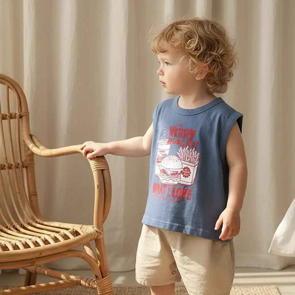 Kids Sleeveless Printed T-Shirt Vest Set Blue Beige - Image 7