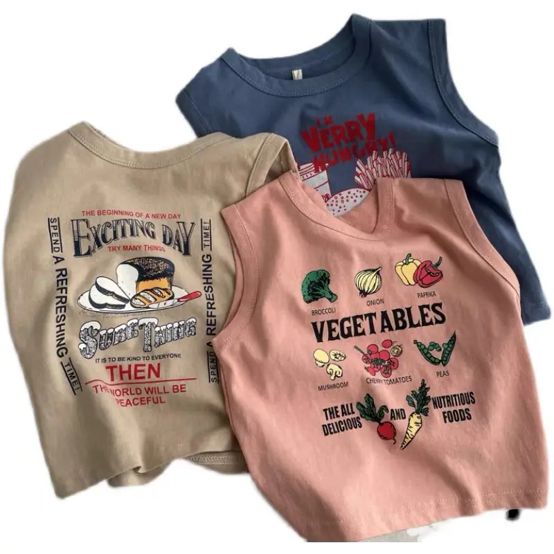 Kids Sleeveless Printed T-Shirt Vest Set Blue Beige - Image 8