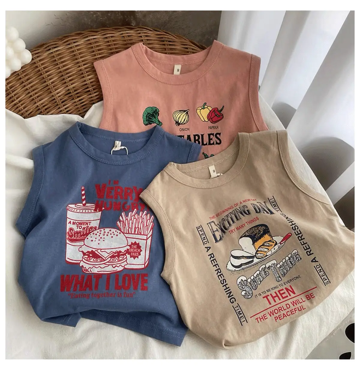 Kids Sleeveless Printed T-Shirt Vest Set Blue Beige — feature 11