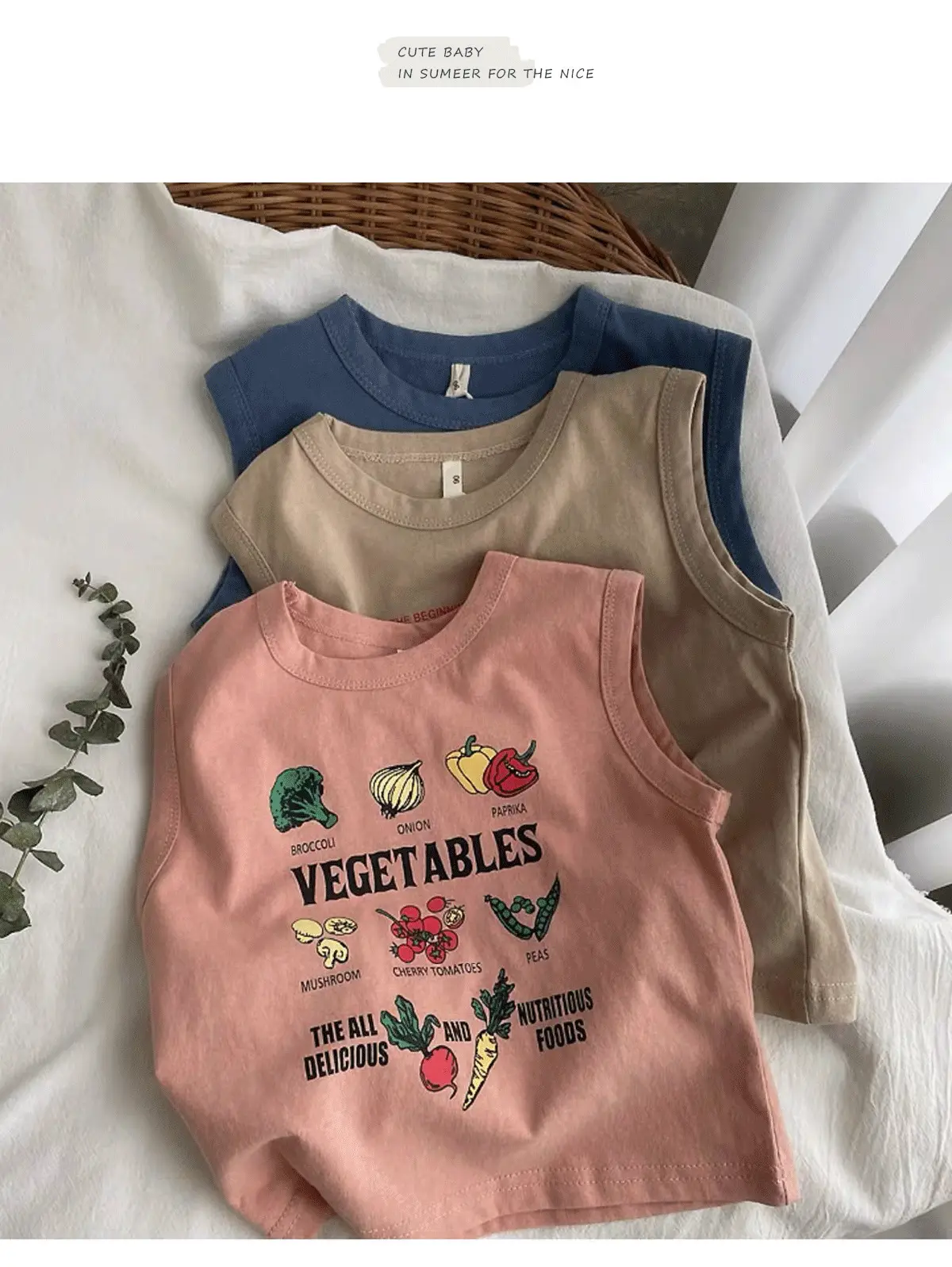 Kids Sleeveless Printed T-Shirt Vest Set Blue Beige — feature 12