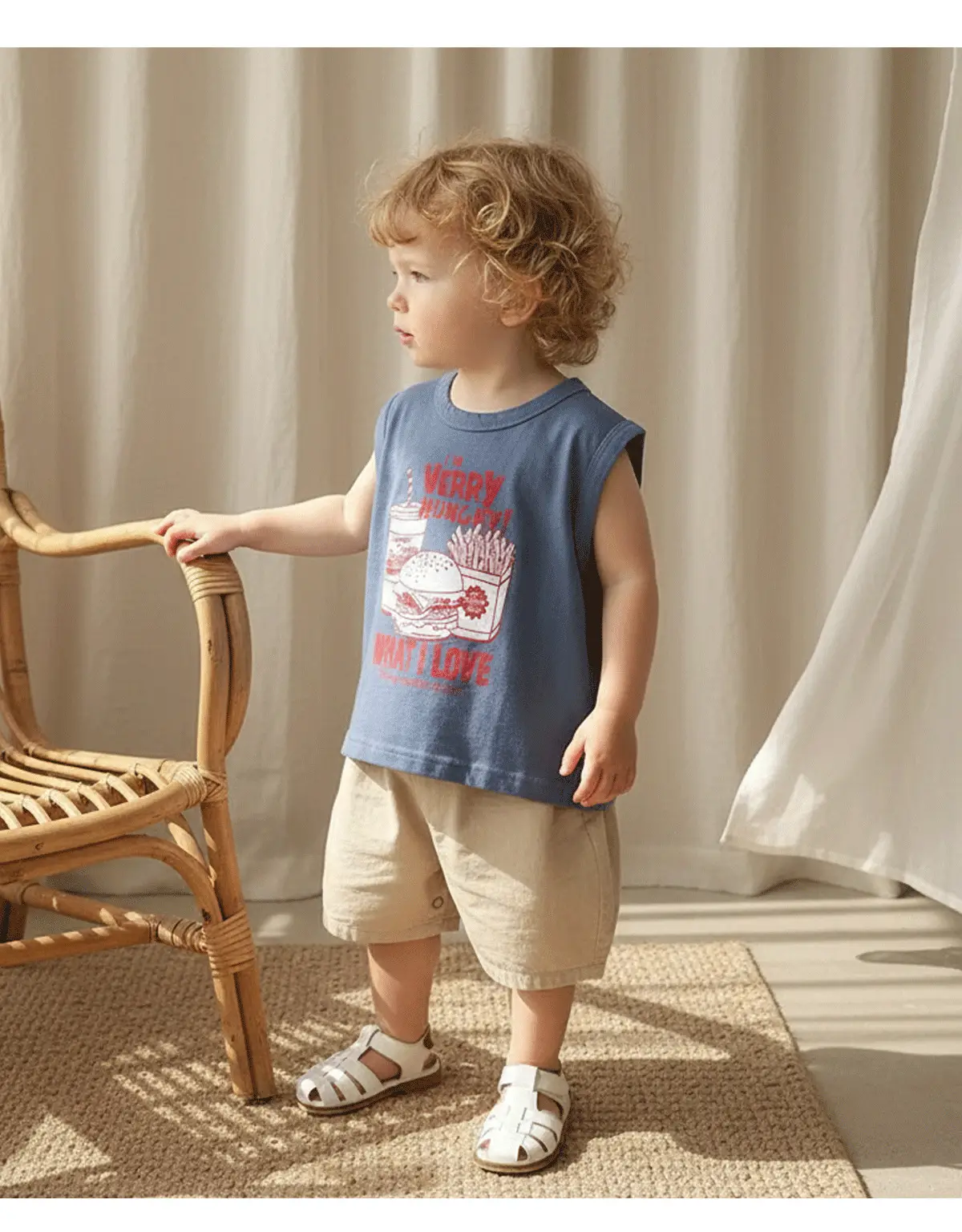Kids Sleeveless Printed T-Shirt Vest Set Blue Beige — feature 7