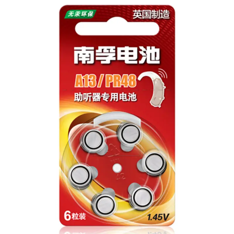 Nanfu Hearing Aid Zinc Air Battery A13 Pr48 S13 P13 Button Battery 1.45V Cochlear Electronic Battery 6-Pack