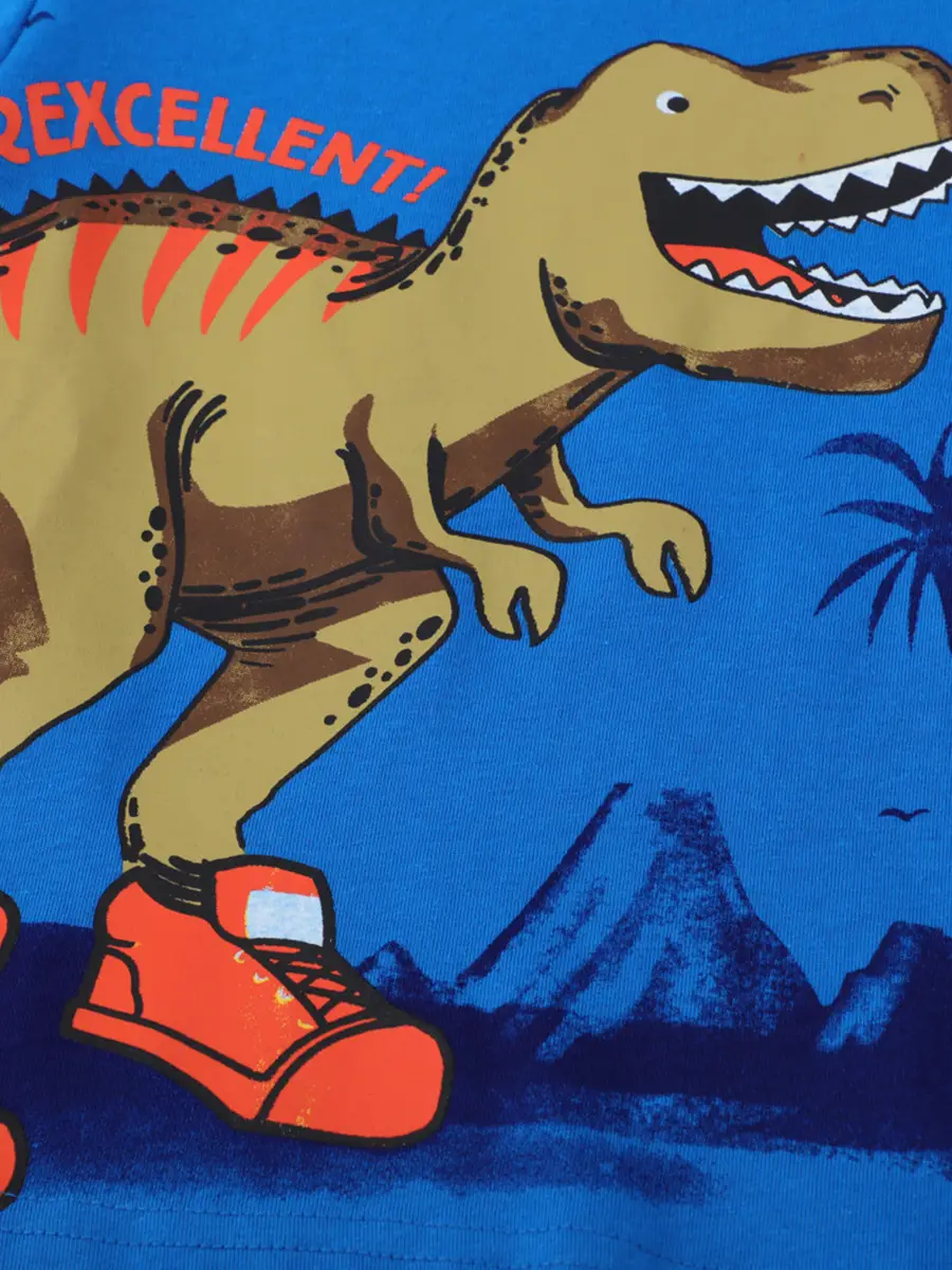 Blue Dinosaur Print Kids T-Shirt Long Sleeve Round Neck - Image 4