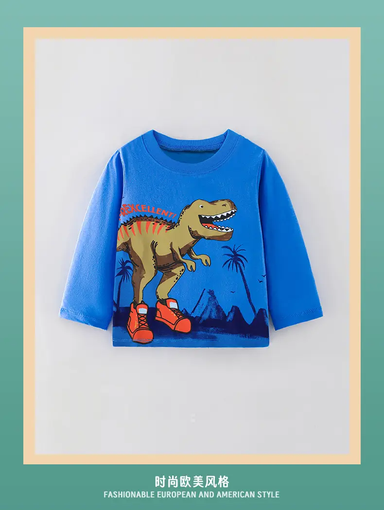 Blue Dinosaur Print Kids T-Shirt Long Sleeve Round Neck — feature 2