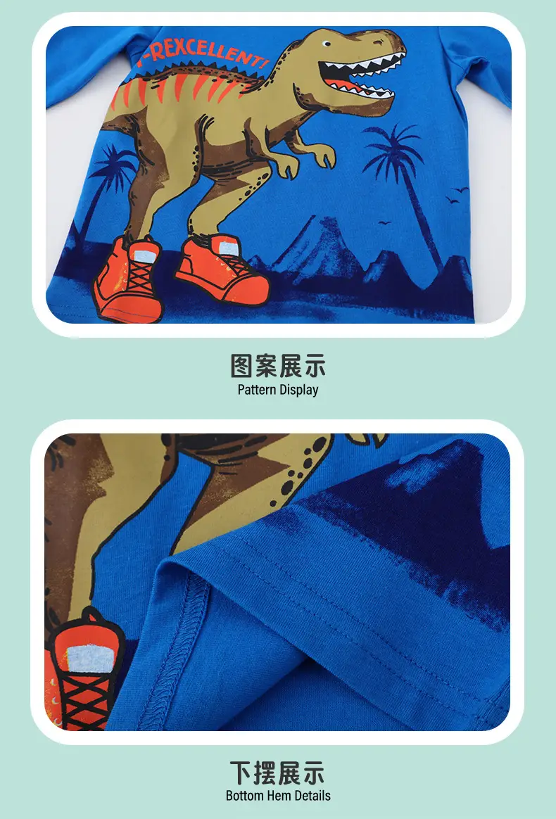 Blue Dinosaur Print Kids T-Shirt Long Sleeve Round Neck — feature 8