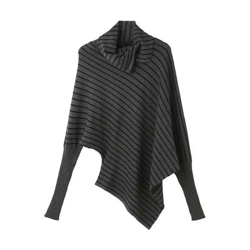 Striped Irregular Bat Sleeve Knit Sweater for Women, Autumn and Winter Design, Niche Slim Fit Inner Sweater Base Top