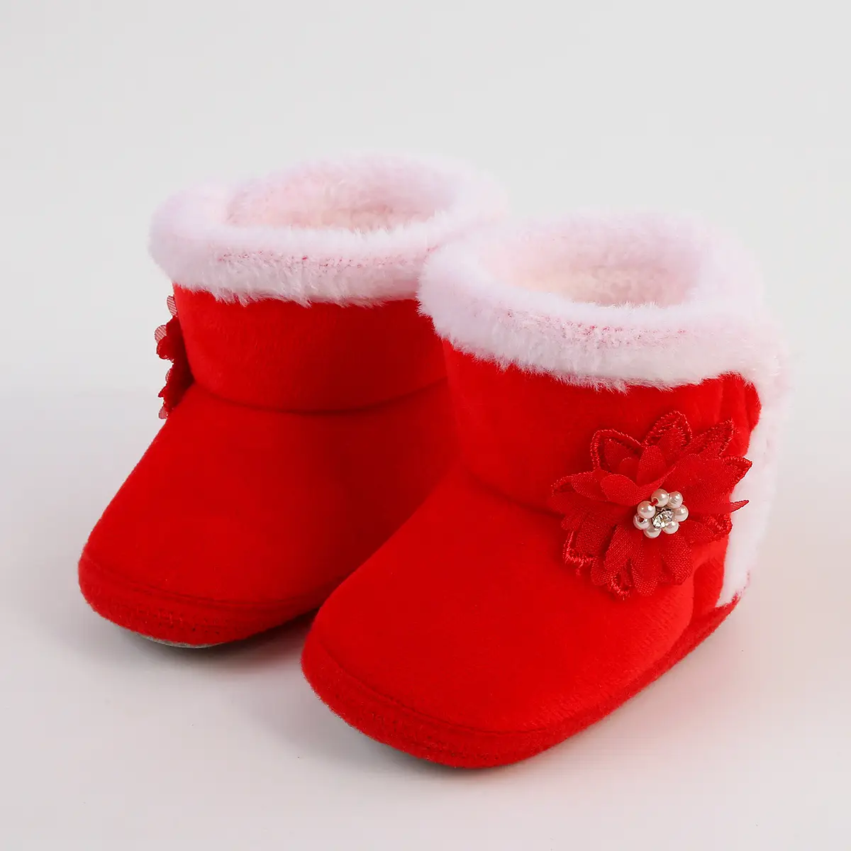 Red Woolen Toddler Boots with Flower Decor - Image 2