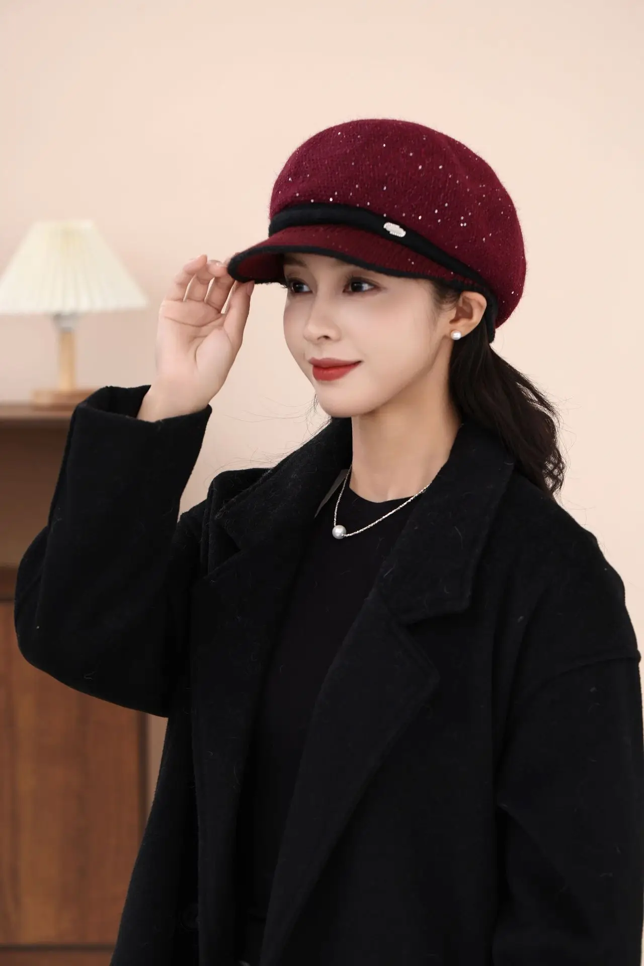 Women's Knitted Fisherman Hat Winter Warm Cap Maroon — feature 12