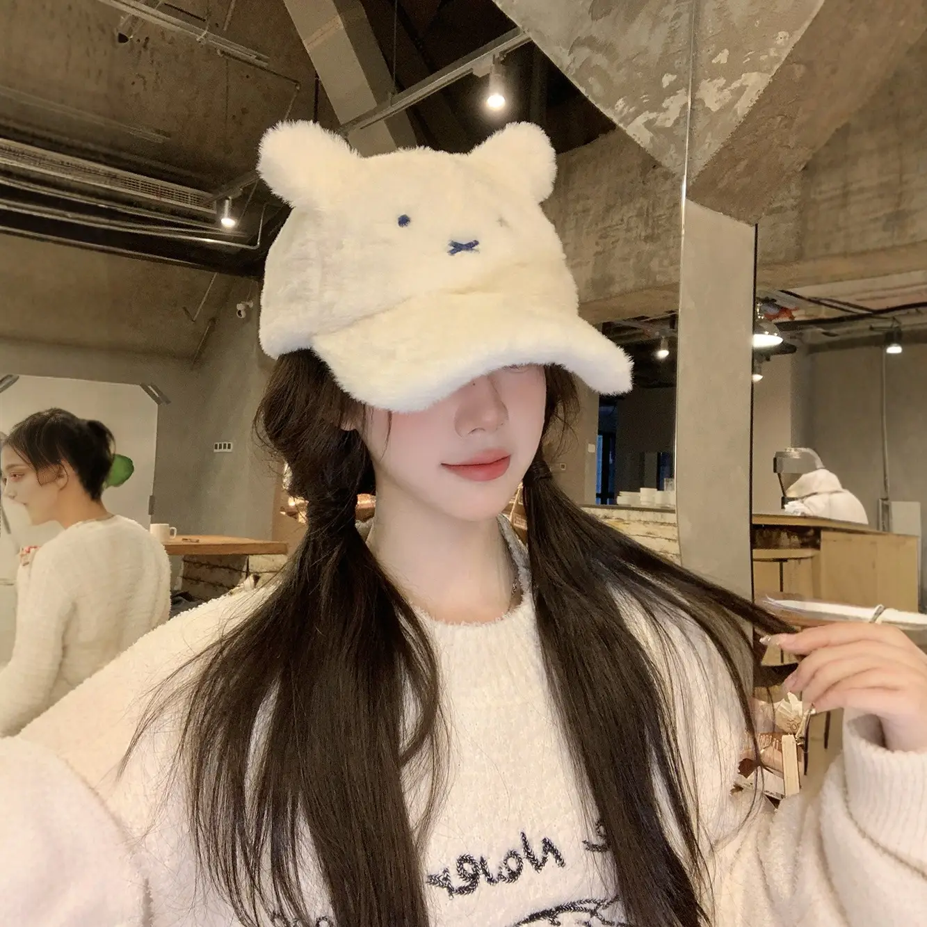 Cute Cartoon Rabbit Furry Cap for Women White Imitation Mink Duck Cap Autumn Winter Sweet Warm Hat - Image 3