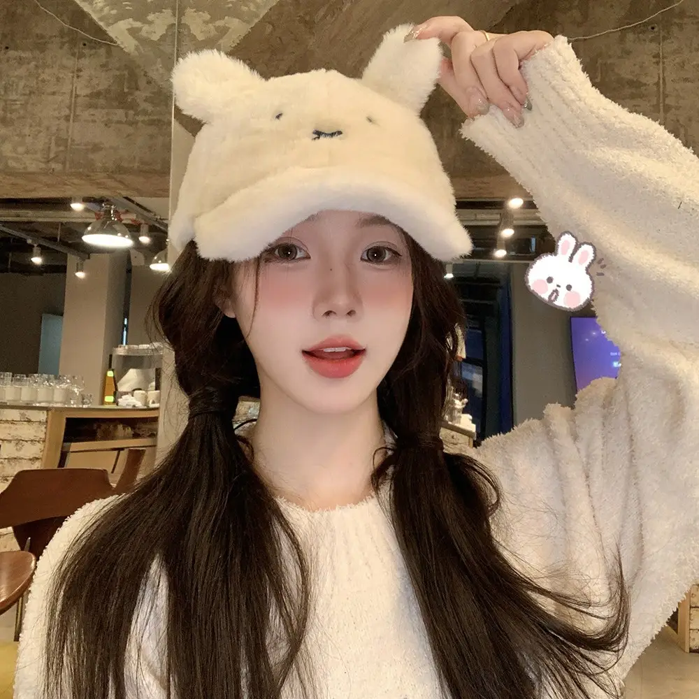 Cute Cartoon Rabbit Furry Cap for Women White Imitation Mink Duck Cap Autumn Winter Sweet Warm Hat - Image 4