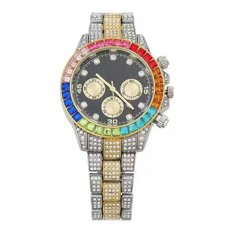 Cross-Border Creative Colored Diamond Starry Sky Steel Band Diamond Watch Three-Eye Fashion Decorative Calendar Women's Watch Full Diamond Steel Band Quartz Watch
