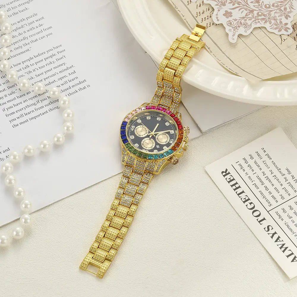 Cross-Border Creative Colored Diamond Starry Sky Steel Band Diamond Watch Three-Eye Fashion Decorative Calendar Women's Watch Full Diamond Steel Band Quartz Watch — feature 2