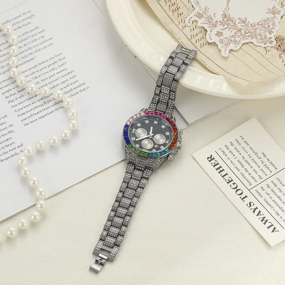 Cross-Border Creative Colored Diamond Starry Sky Steel Band Diamond Watch Three-Eye Fashion Decorative Calendar Women's Watch Full Diamond Steel Band Quartz Watch — feature 3