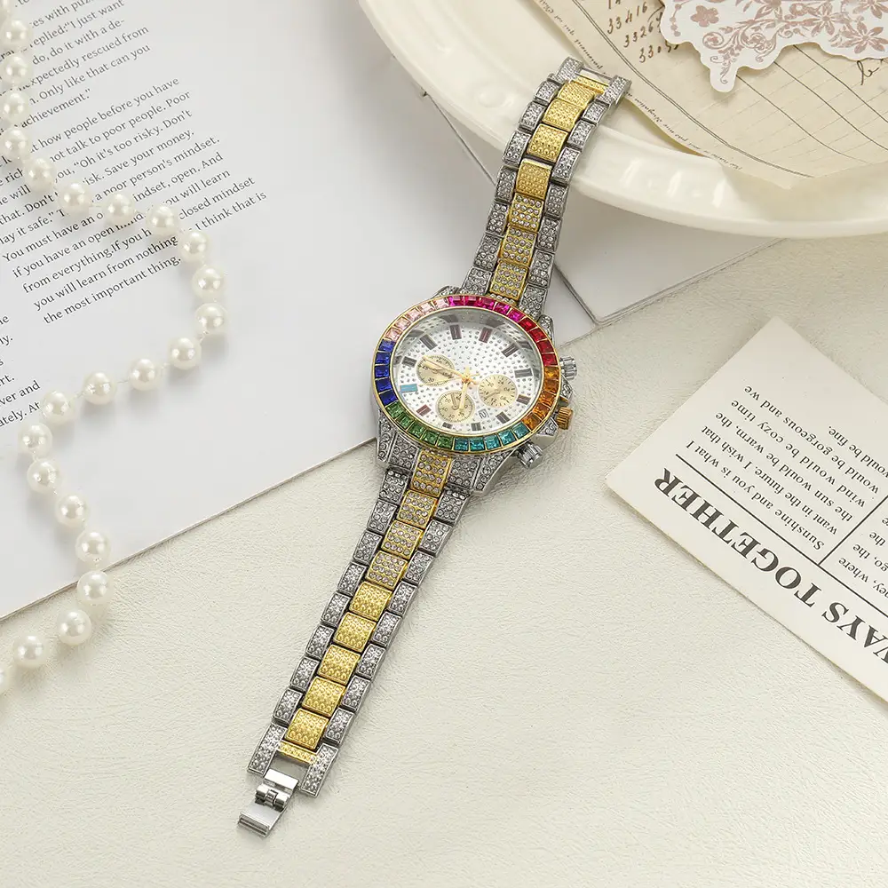 Cross-Border Creative Colored Diamond Starry Sky Steel Band Diamond Watch Three-Eye Fashion Decorative Calendar Women's Watch Full Diamond Steel Band Quartz Watch — feature 4