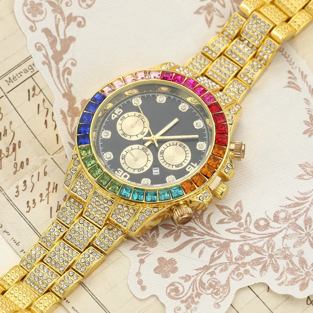 Cross-Border Creative Colored Diamond Starry Sky Steel Band Diamond Watch Three-Eye Fashion Decorative Calendar Women's Watch Full Diamond Steel Band Quartz Watch — feature 5