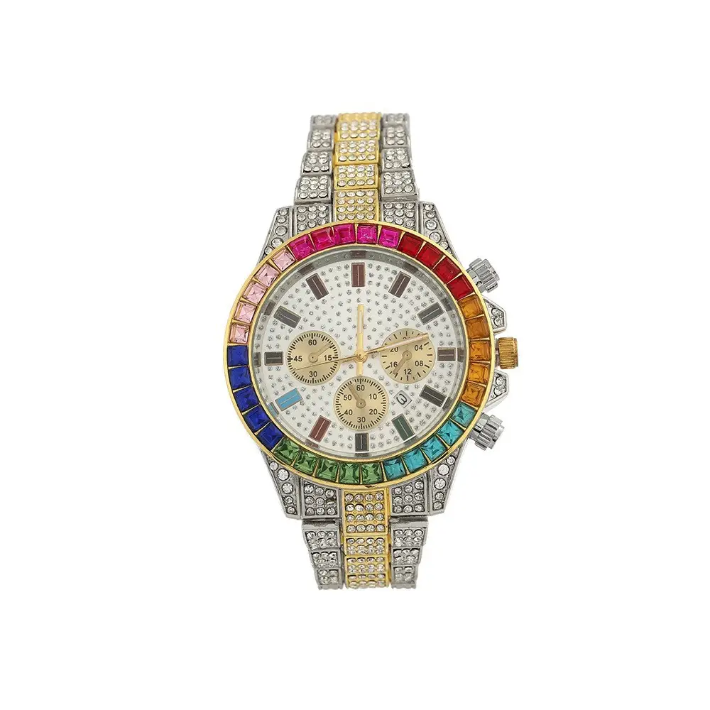 Cross-Border Creative Colored Diamond Starry Sky Steel Band Diamond Watch Three-Eye Fashion Decorative Calendar Women's Watch Full Diamond Steel Band Quartz Watch
