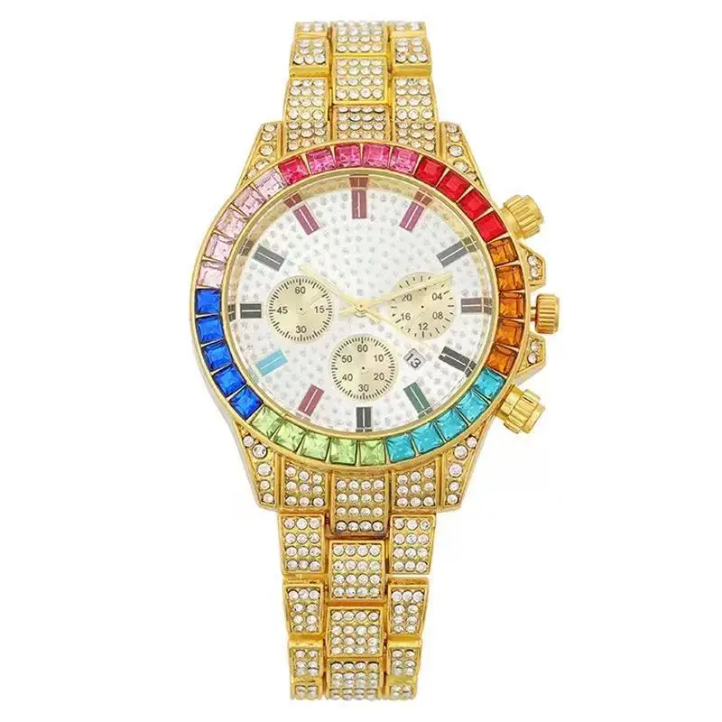 Cross-Border Creative Colored Diamond Starry Sky Steel Band Diamond Watch Three-Eye Fashion Decorative Calendar Women's Watch Full Diamond Steel Band Quartz Watch