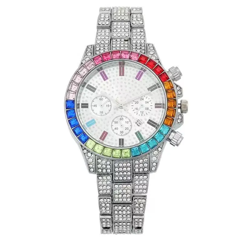Cross-Border Creative Colored Diamond Starry Sky Steel Band Diamond Watch Three-Eye Fashion Decorative Calendar Women's Watch Full Diamond Steel Band Quartz Watch