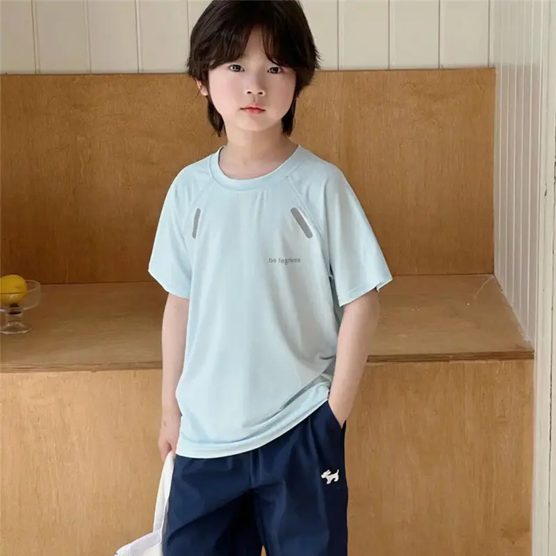 Boys Light Blue T-Shirt Green Print Middle to Large - Image 9