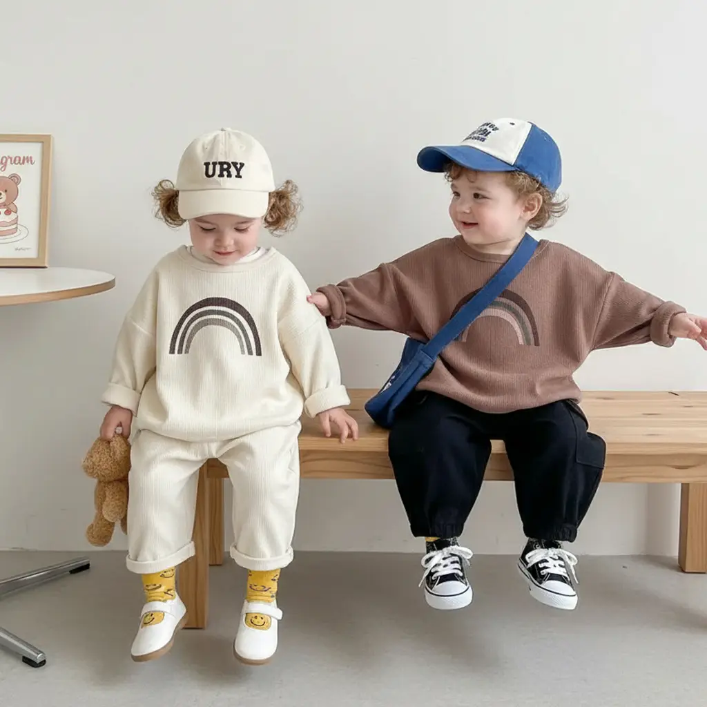Kids Korean Style T-Shirt Brown White Cap Set - Image 4