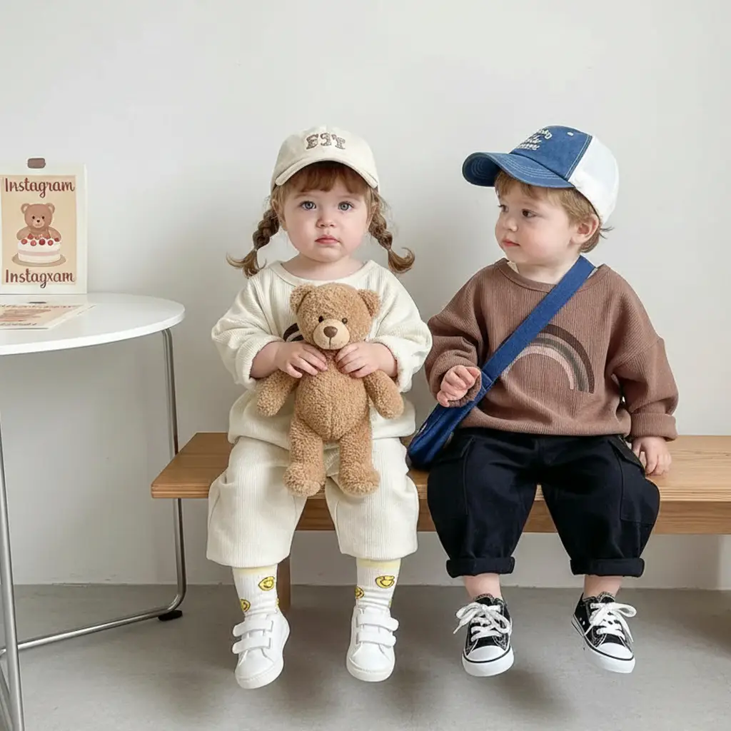 Kids Korean Style T-Shirt Brown White Cap Set - Image 5