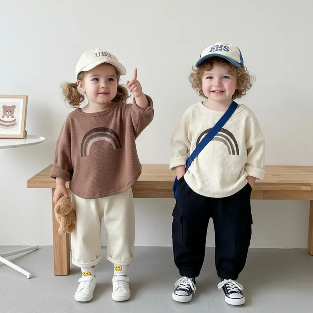 Kids Korean Style T-Shirt Brown White Cap Set - Image 6