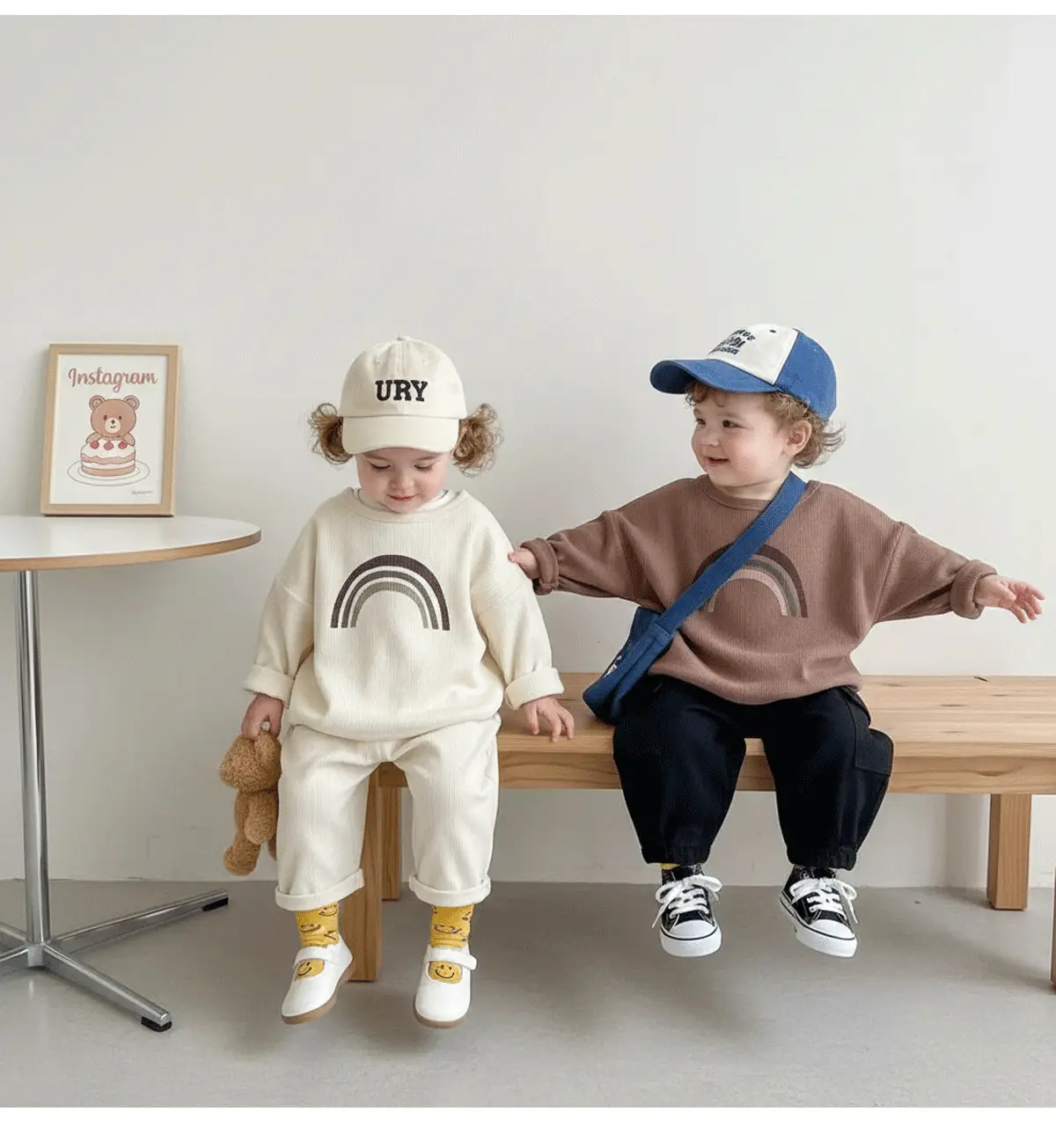 Kids Korean Style T-Shirt Brown White Cap Set — feature 6