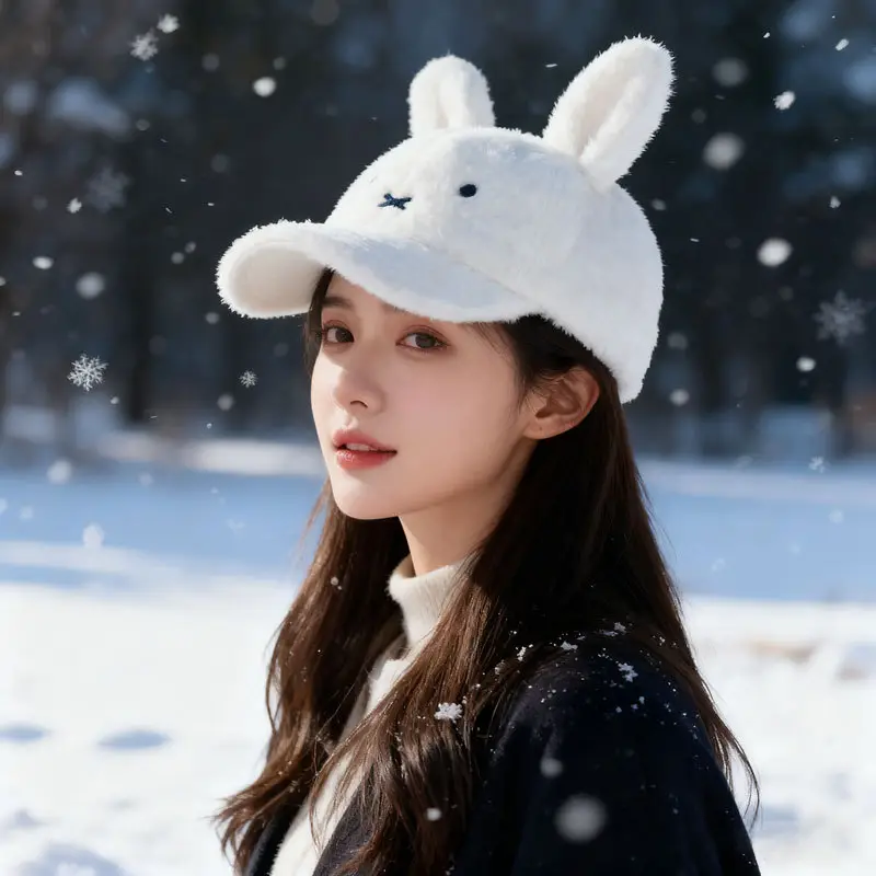 Black Plush Rabbit Ear Cap for Women Winter Warm — feature 5