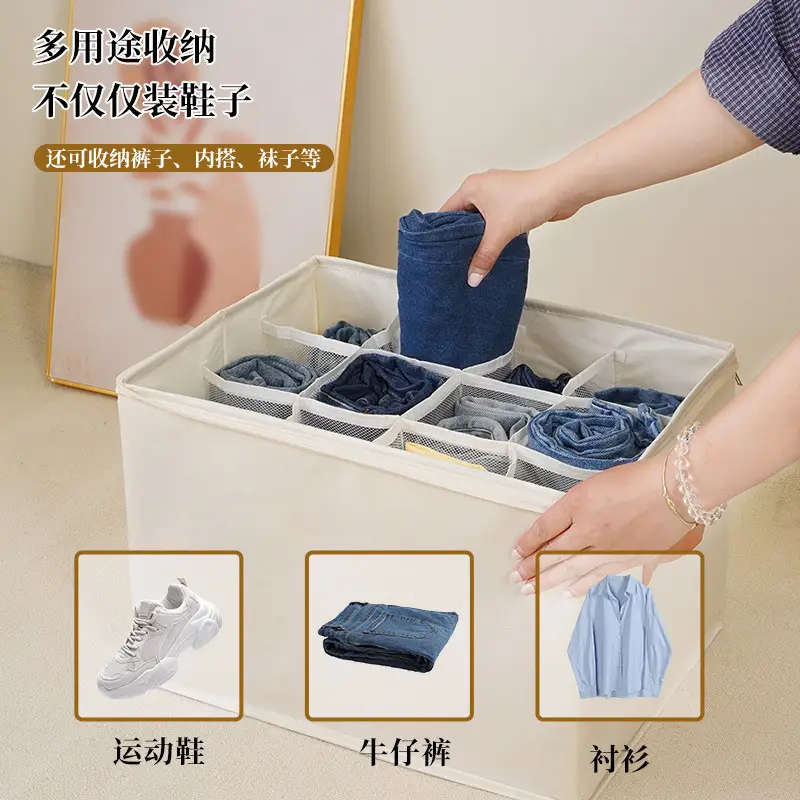 Cross-Border Transparent Storage Shoe Box 12 Compartments Foldableable Storage Box Shoes Pants Wardrobe Dust-Proof Washable Storage Box