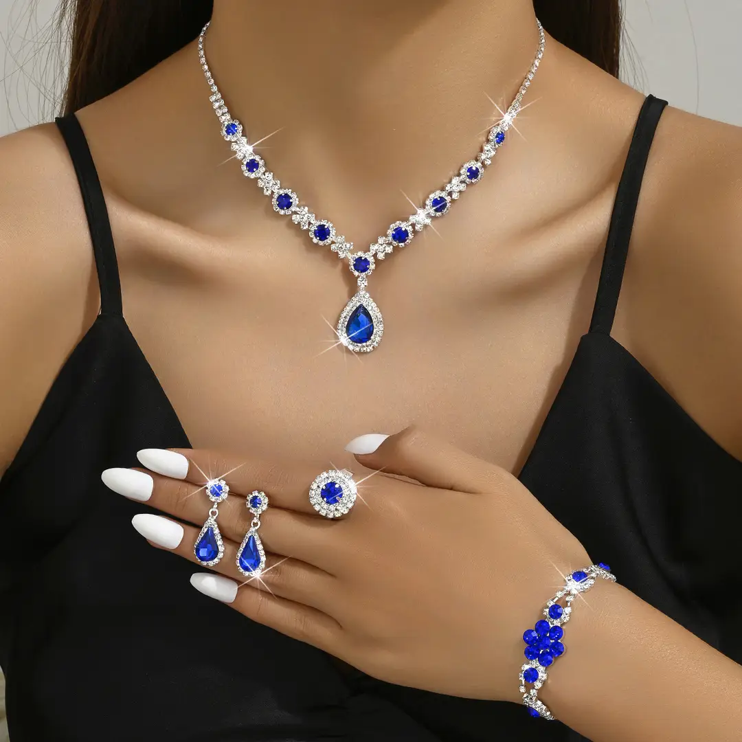 Fashionable European and American New Jewelry High-End Crystal Gemstone Women's Water Drop Necklace Earrings Bracelet Ring Set