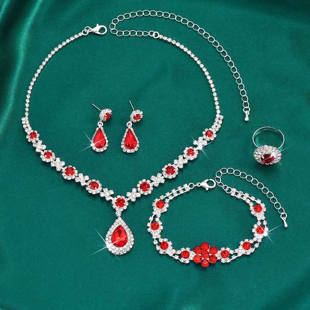Fashionable European and American New Jewelry High-End Crystal Gemstone Women's Water Drop Necklace Earrings Bracelet Ring Set — feature 10