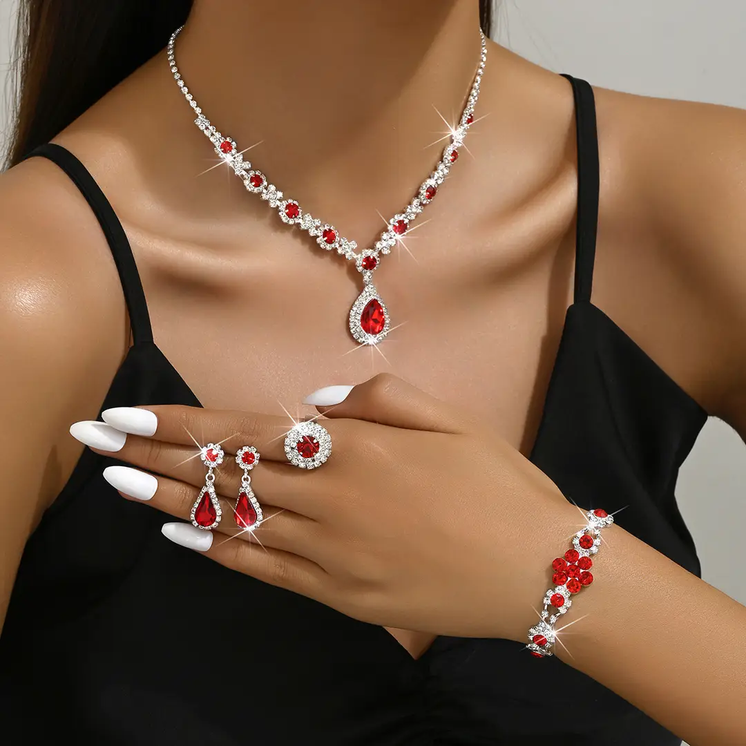 Fashionable European and American New Jewelry High-End Crystal Gemstone Women's Water Drop Necklace Earrings Bracelet Ring Set — feature 11