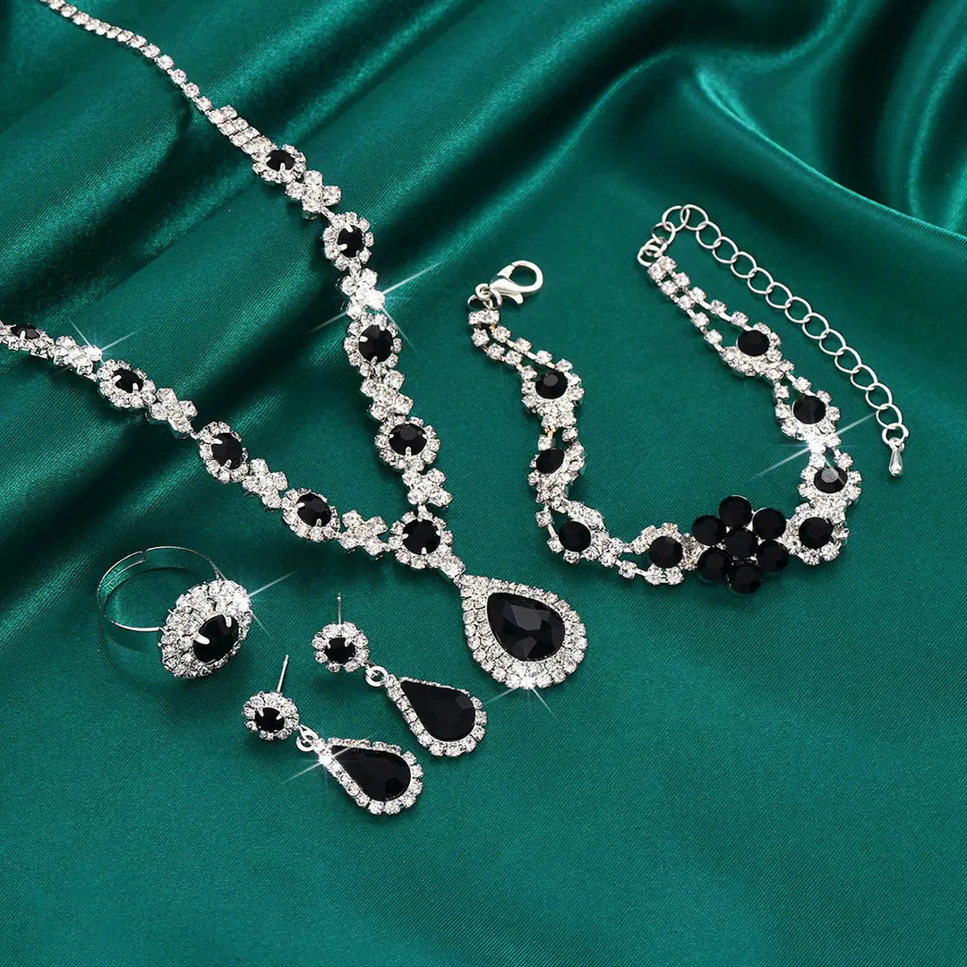Fashionable European and American New Jewelry High-End Crystal Gemstone Women's Water Drop Necklace Earrings Bracelet Ring Set — feature 14