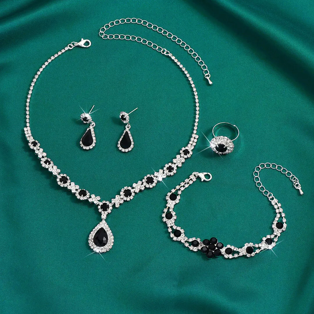 Fashionable European and American New Jewelry High-End Crystal Gemstone Women's Water Drop Necklace Earrings Bracelet Ring Set — feature 15