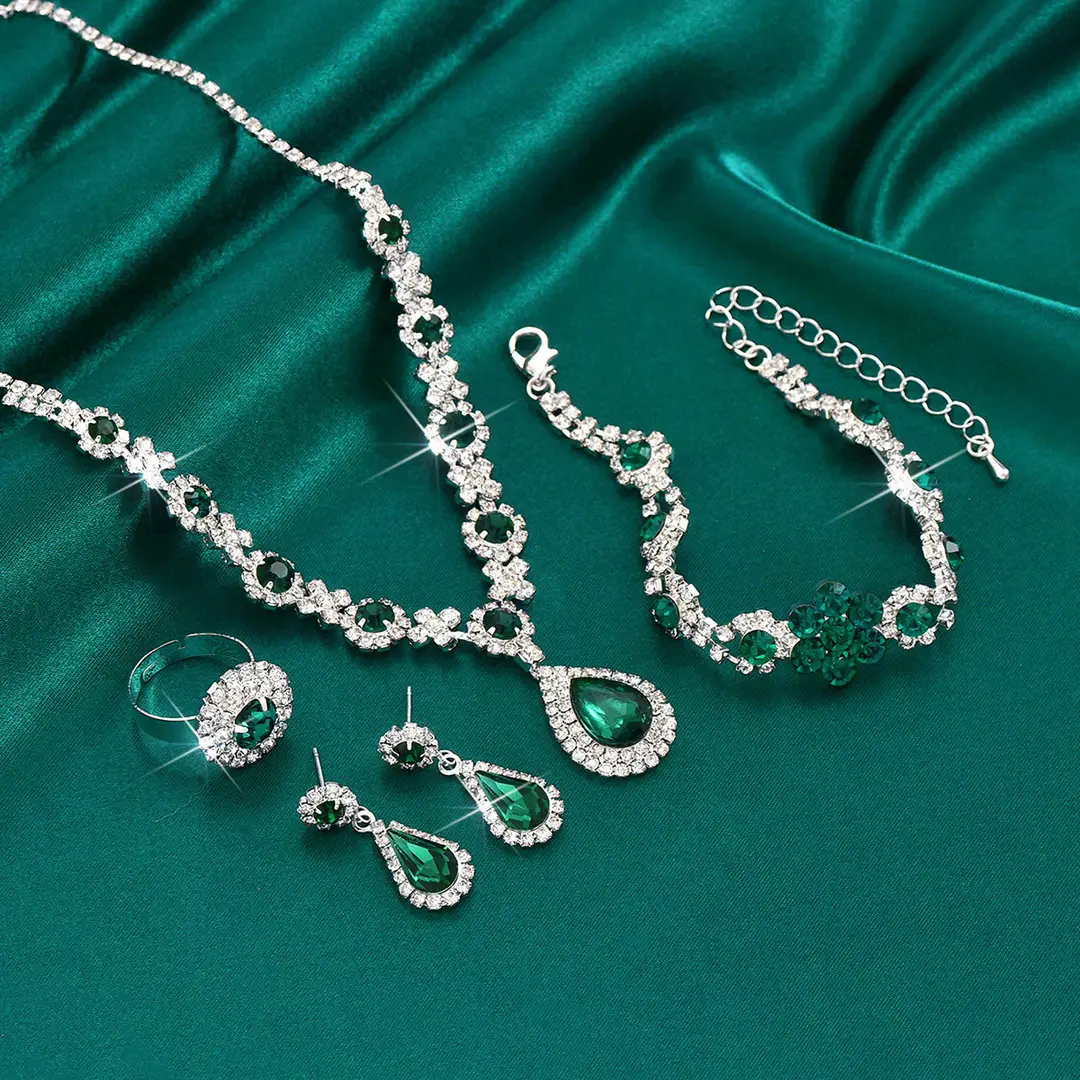 Fashionable European and American New Jewelry High-End Crystal Gemstone Women's Water Drop Necklace Earrings Bracelet Ring Set — feature 19