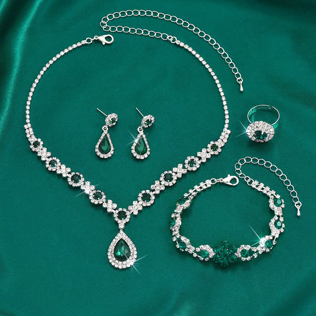 Fashionable European and American New Jewelry High-End Crystal Gemstone Women's Water Drop Necklace Earrings Bracelet Ring Set — feature 20
