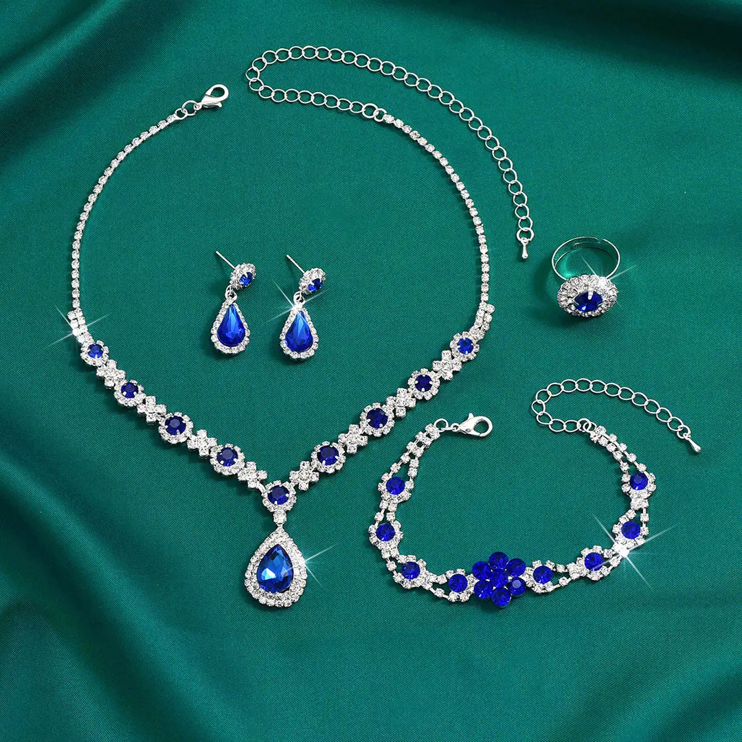 Fashionable European and American New Jewelry High-End Crystal Gemstone Women's Water Drop Necklace Earrings Bracelet Ring Set — feature 3