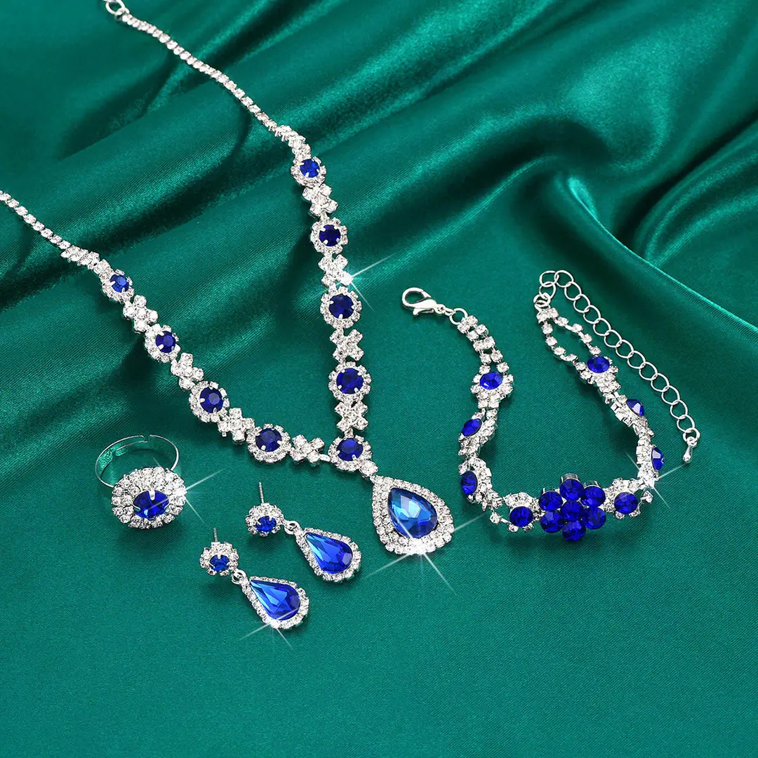 Fashionable European and American New Jewelry High-End Crystal Gemstone Women's Water Drop Necklace Earrings Bracelet Ring Set — feature 5