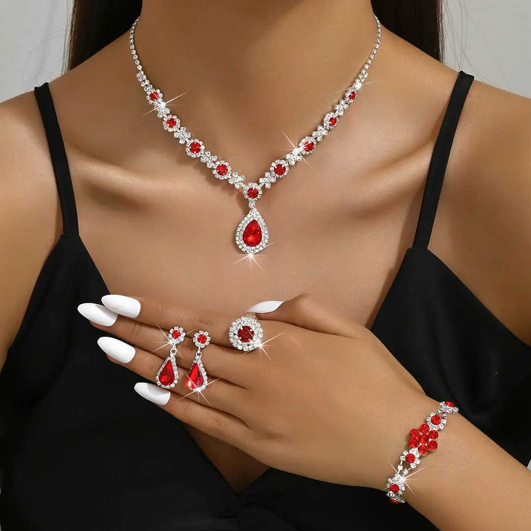 Fashionable European and American New Jewelry High-End Crystal Gemstone Women's Water Drop Necklace Earrings Bracelet Ring Set — feature 7