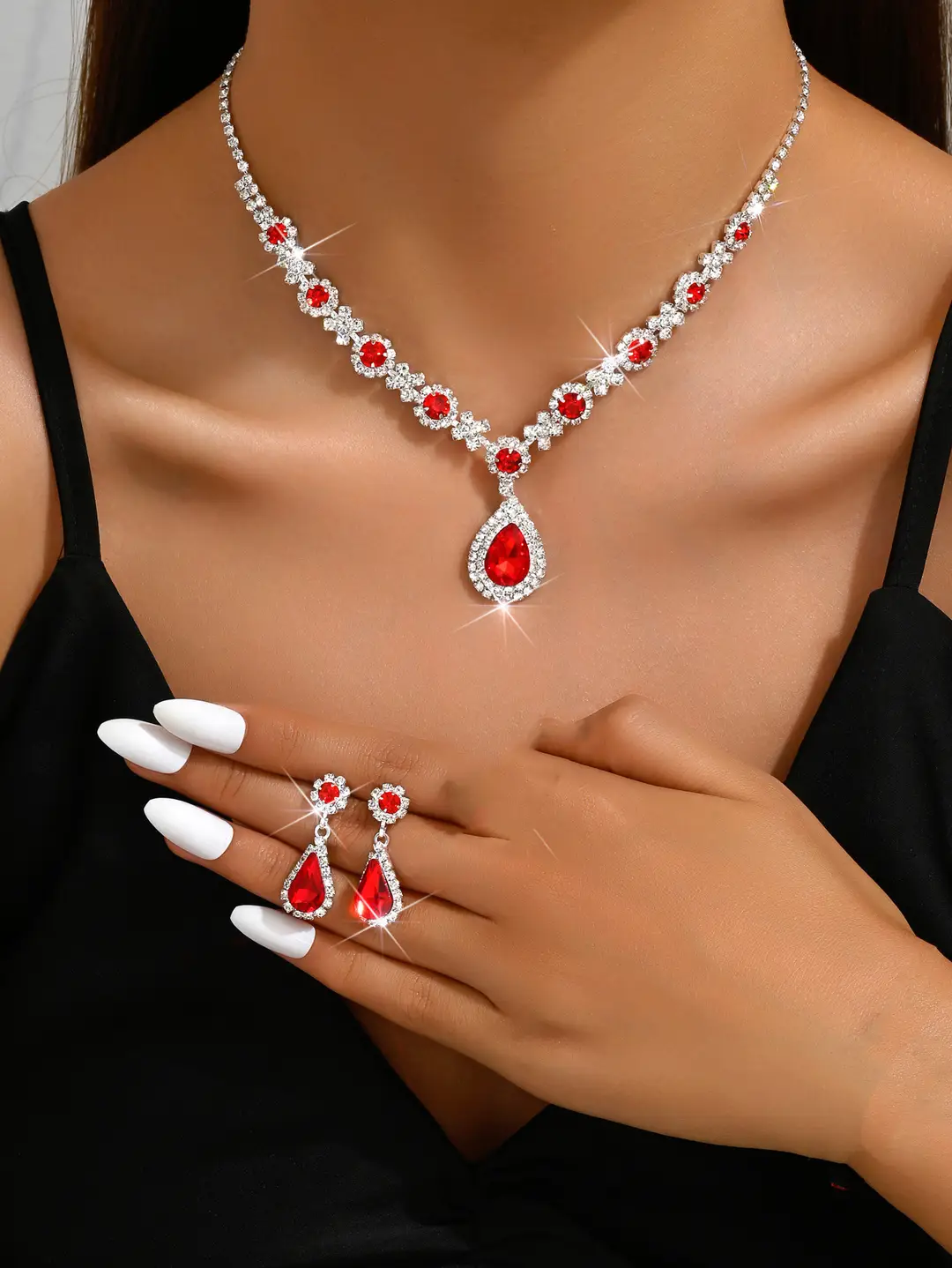 Fashionable European and American New Jewelry High-End Crystal Gemstone Women's Water Drop Necklace Earrings Bracelet Ring Set