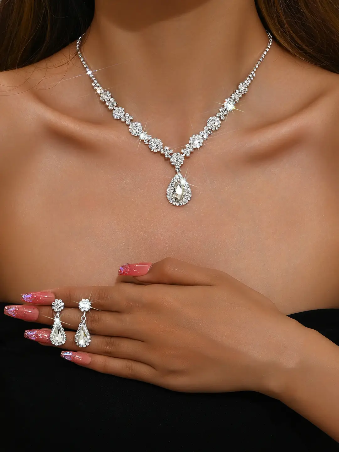 Fashionable European and American New Jewelry High-End Crystal Gemstone Women's Water Drop Necklace Earrings Bracelet Ring Set