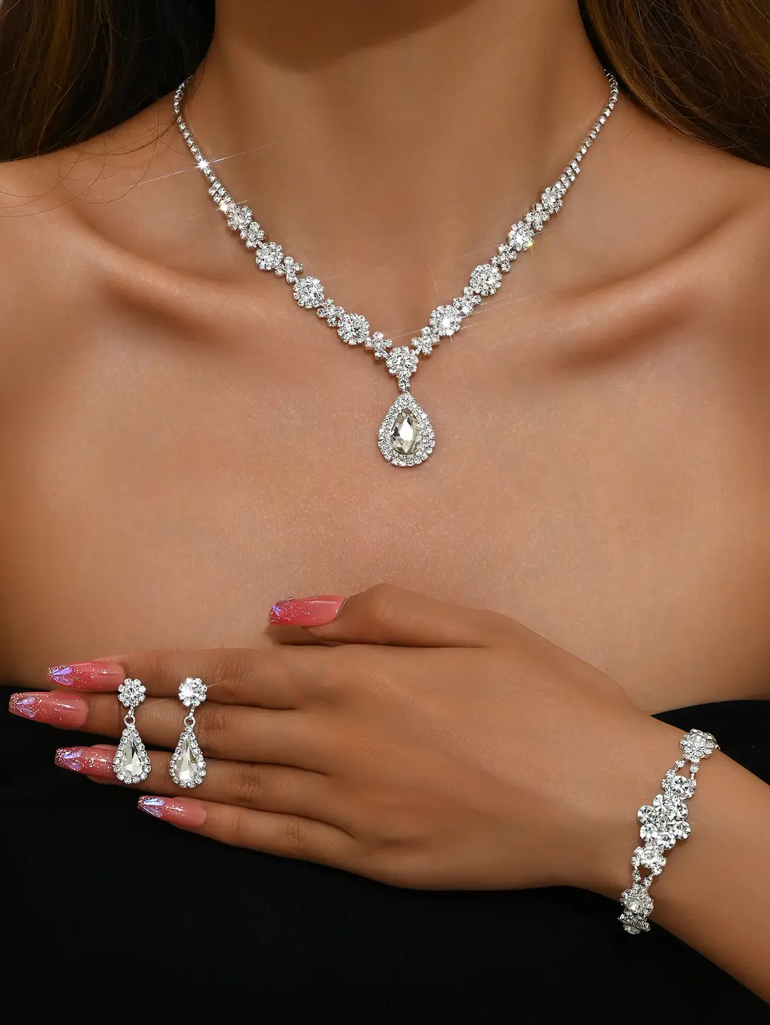 Fashionable European and American New Jewelry High-End Crystal Gemstone Women's Water Drop Necklace Earrings Bracelet Ring Set