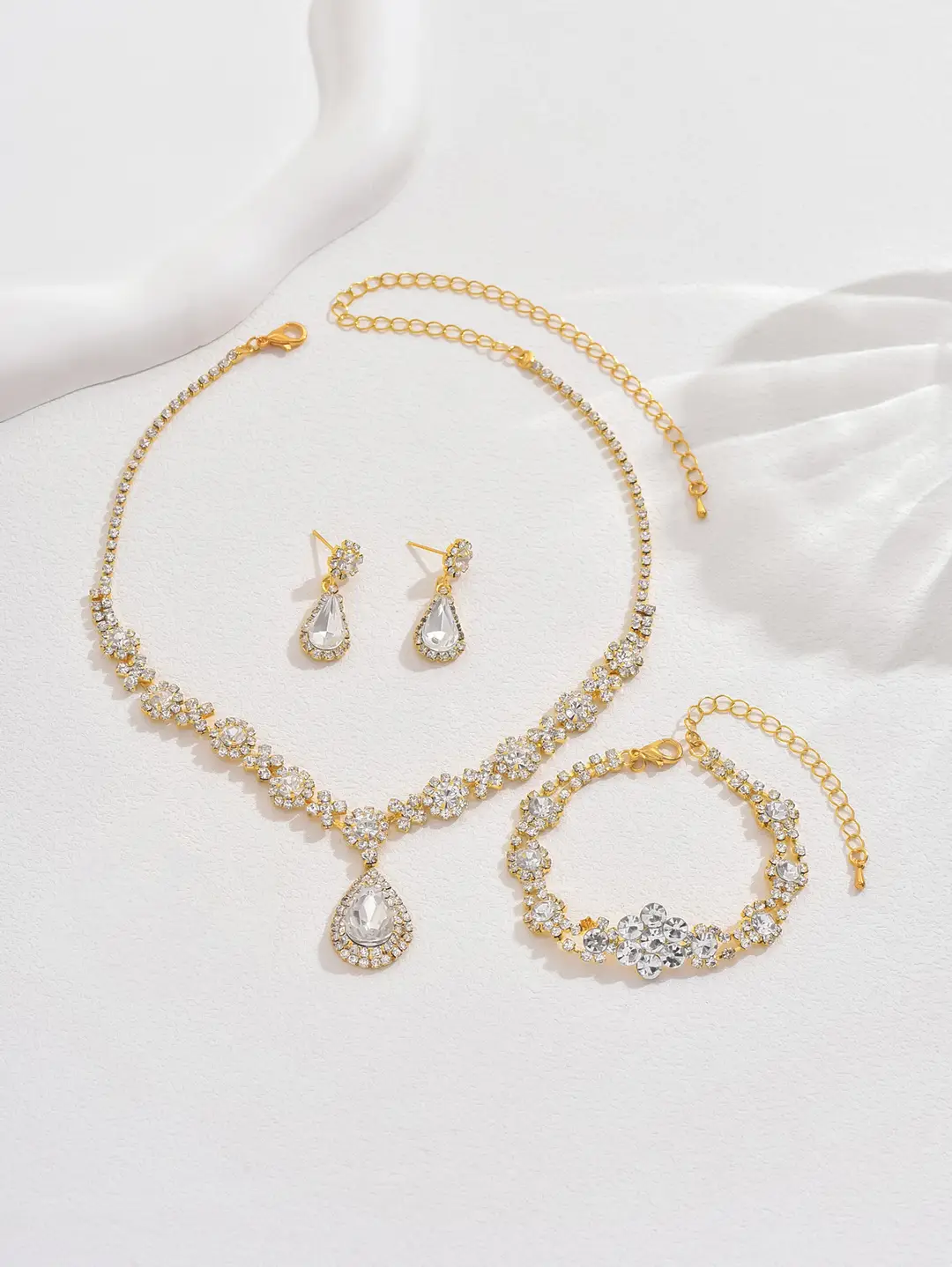 Fashionable European and American New Jewelry High-End Crystal Gemstone Women's Water Drop Necklace Earrings Bracelet Ring Set