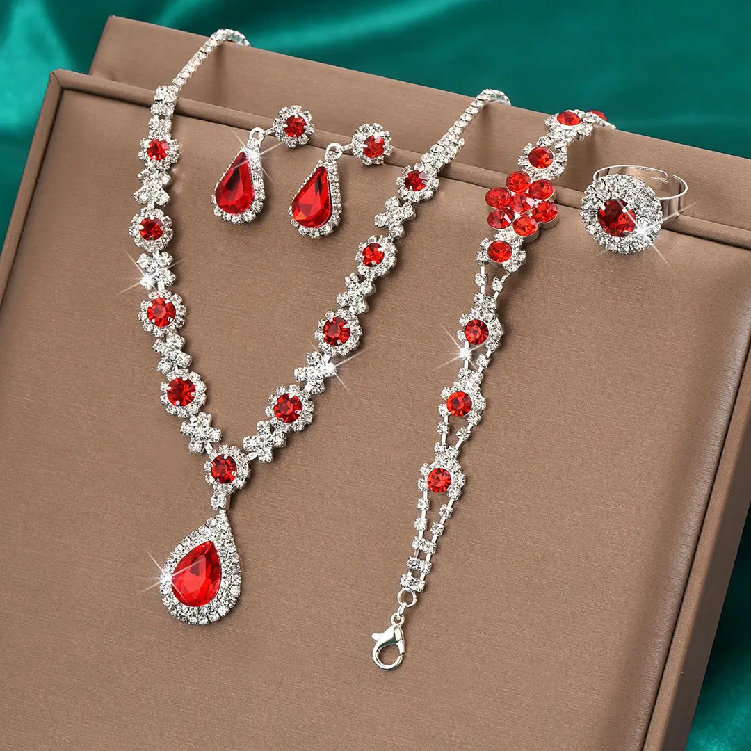 Fashionable European and American New Jewelry High-End Crystal Gemstone Women's Water Drop Necklace Earrings Bracelet Ring Set