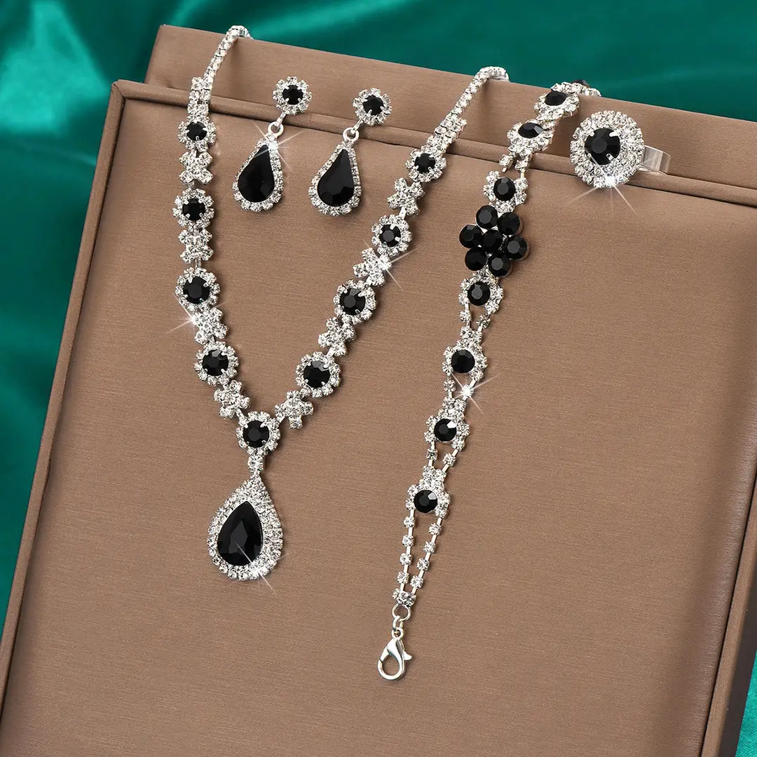 Fashionable European and American New Jewelry High-End Crystal Gemstone Women's Water Drop Necklace Earrings Bracelet Ring Set